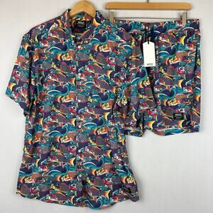 WeSC Mens Koi Waves AOP Oden Short Sleeve Shirt Austin Shorts 2 Piece Set Size L